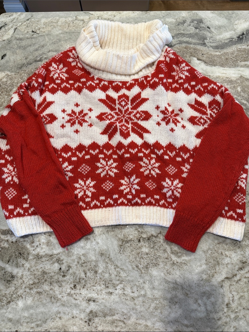 Turtleneck Oversized Snowflake Sweater - Red & White